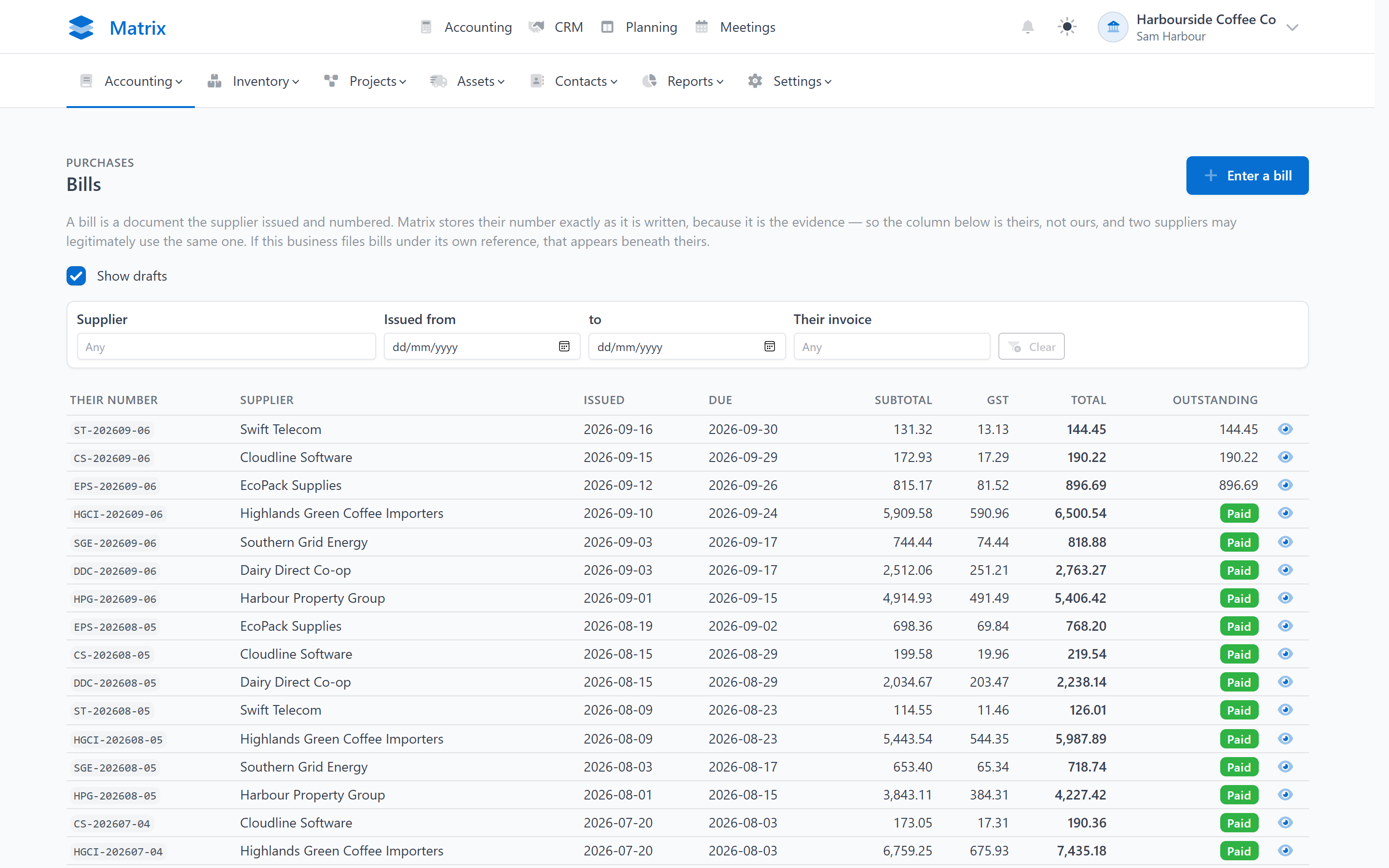 Bills to pay listed by due date in Matrix