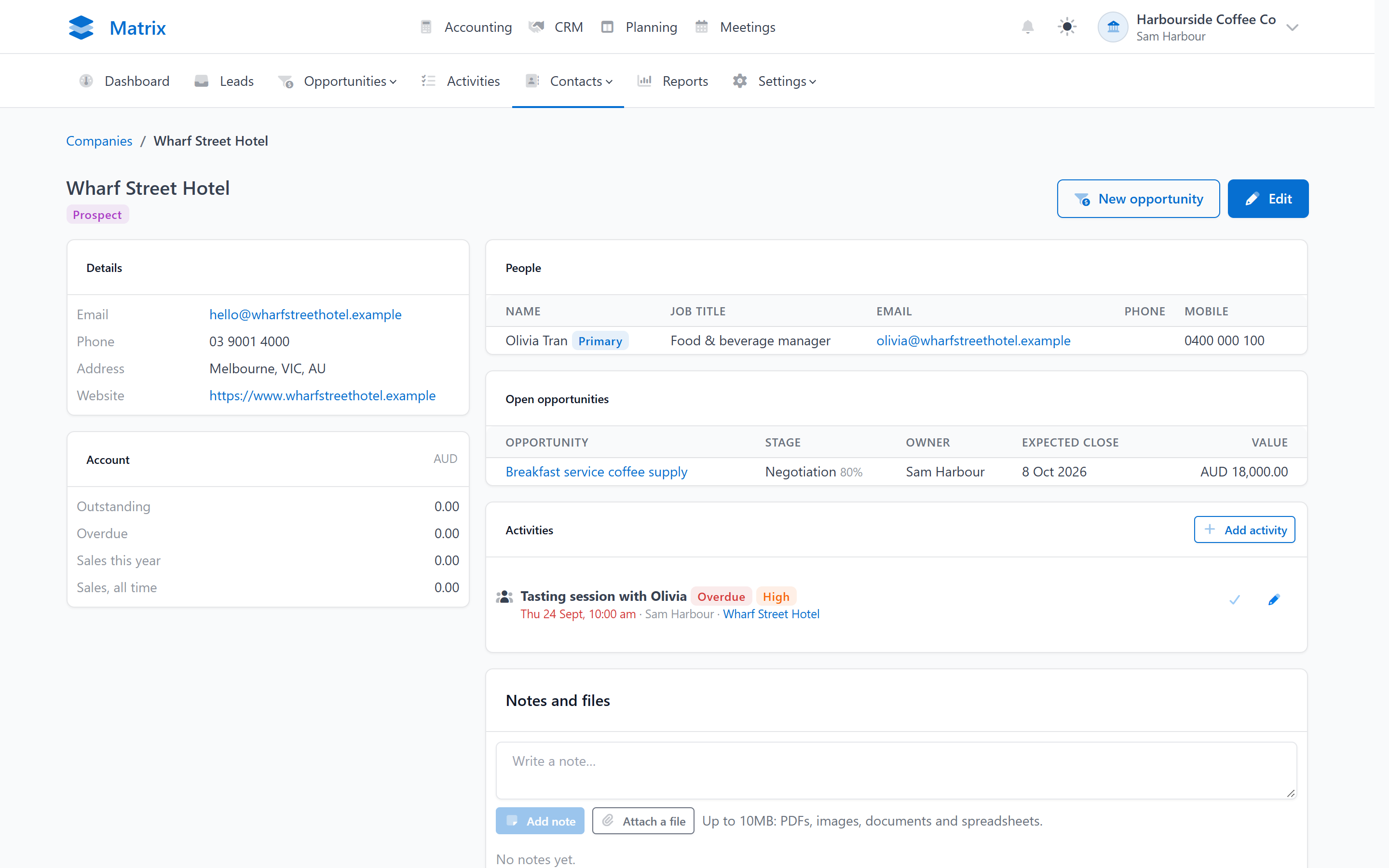 A company timeline combining activities, quotes and invoices
