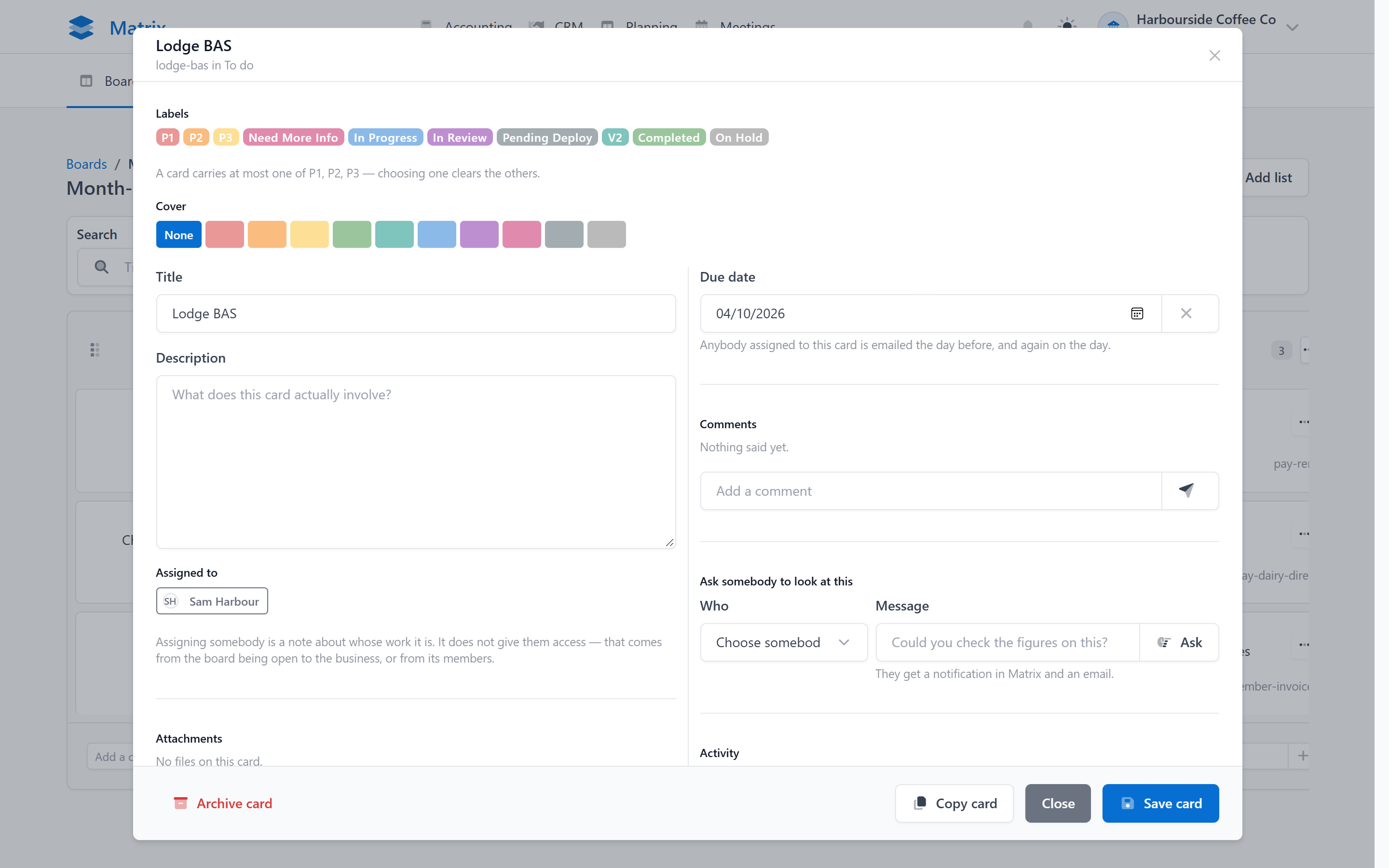 Team members commenting on a card in Matrix Planning